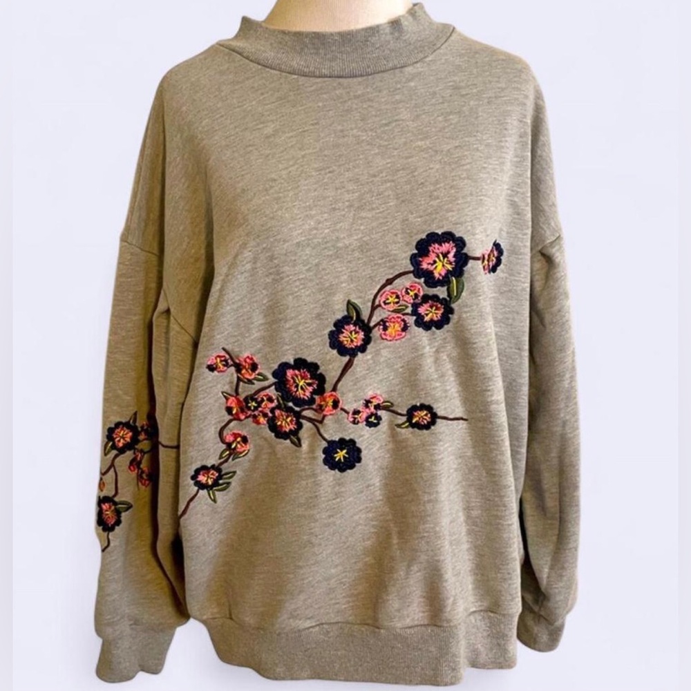 Vintage Womens Drop Shoulder Flower Embroidered Sweatshirt Oversized Gray 90s